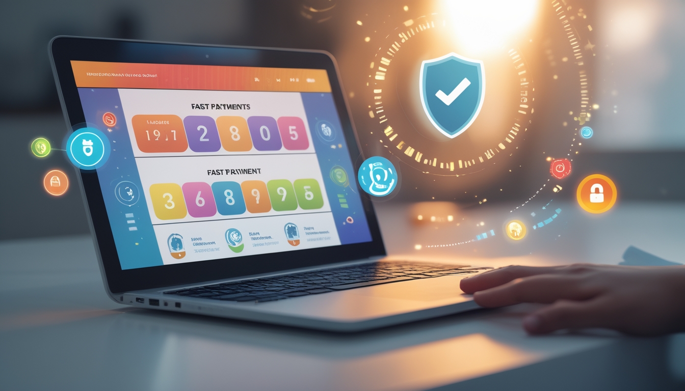 Sebuah laptop di atas meja menampilkan antarmuka situs togel online dengan simbol keamanan dan pembayaran cepat di sekitarnya.