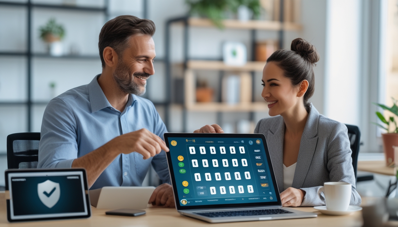 Dua orang dewasa duduk di meja kantor modern, berdiskusi sambil melihat layar laptop yang menampilkan angka togel, dengan suasana yang nyaman dan profesional.