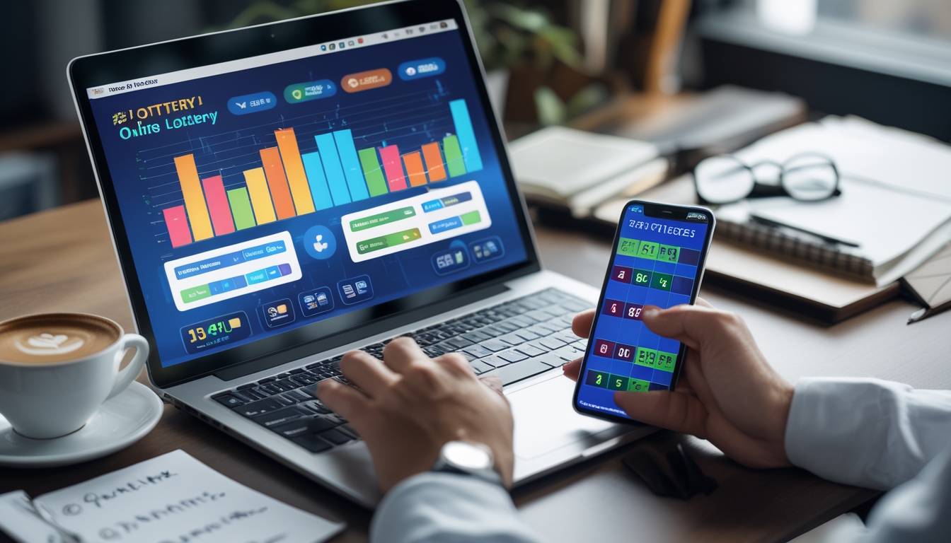 Seorang profesional sedang bekerja di depan laptop dan ponsel dengan tampilan aplikasi togel online, di atas meja yang rapi terdapat kopi, catatan, dan kacamata.