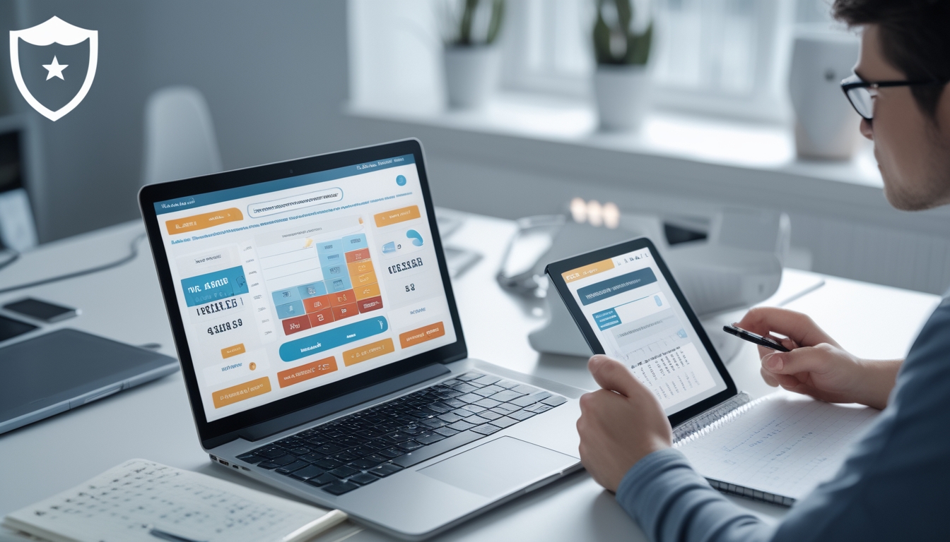 Seorang pria sedang menganalisis data togel online di laptop dan tablet di meja kerja yang rapi dengan perangkat digital dan catatan.