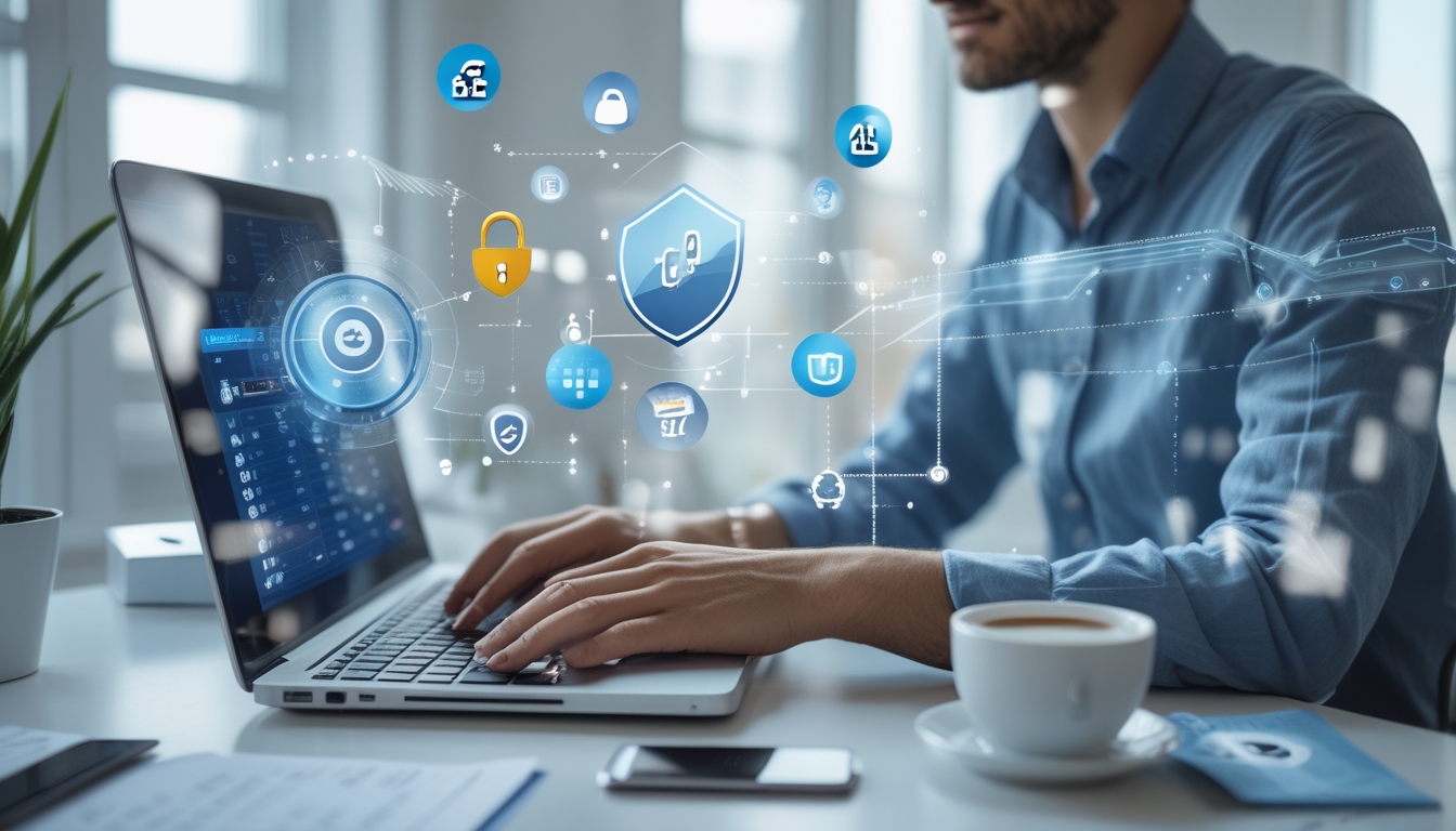 Seorang pengguna laptop di ruang kantor yang rapi dengan antarmuka digital dan ikon keamanan yang menggambarkan situs togel online terpercaya.