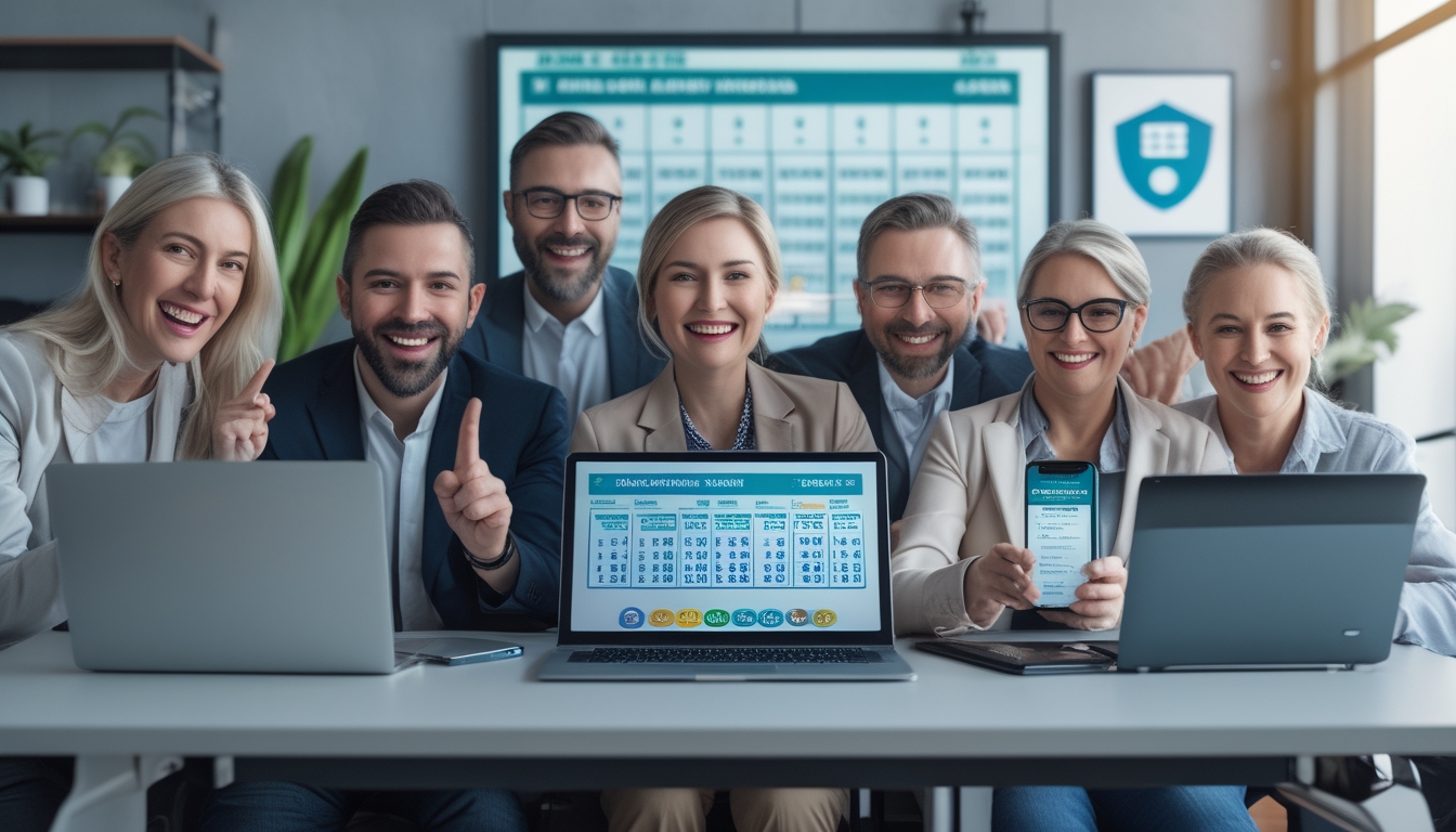 Sekelompok orang sedang menggunakan perangkat digital di kantor modern untuk bermain togel online dengan ekspresi senang dan suasana percaya diri.