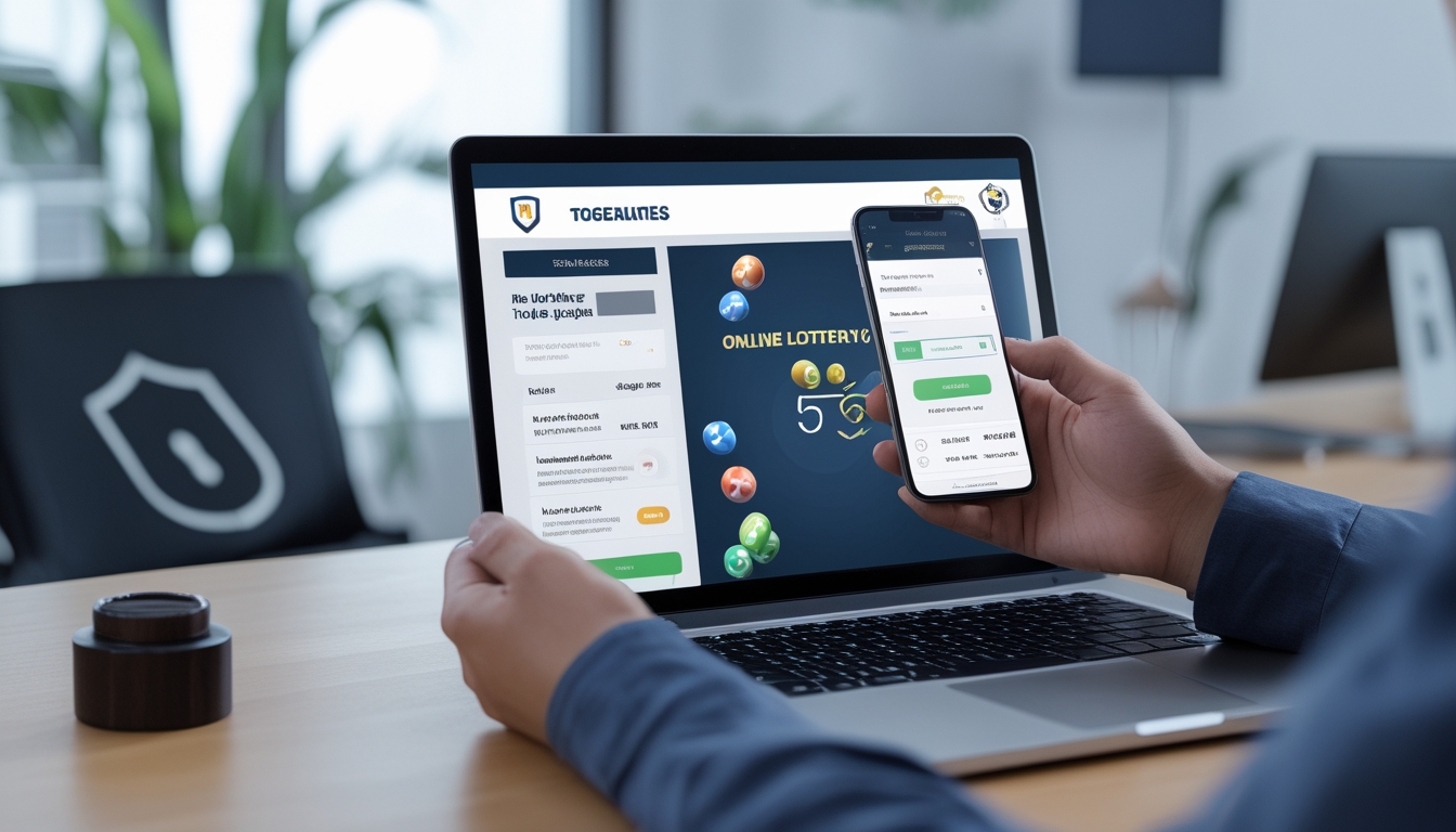 Sebuah ruang kerja modern dengan laptop dan ponsel yang menampilkan aktivitas terkait situs togel online yang aman dan terpercaya.