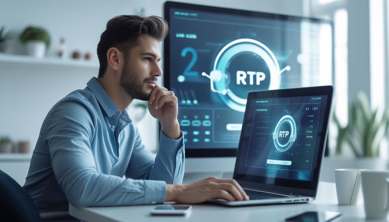Seorang pria muda duduk di meja dengan laptop, fokus pada layar yang menampilkan antarmuka digital abstrak terkait togel online, di ruangan terang dengan dekorasi minimalis.