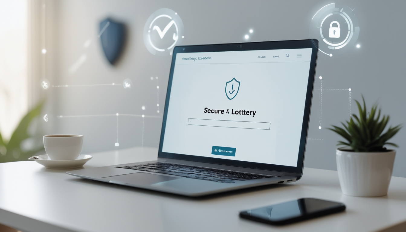 Sebuah laptop di meja kerja dengan latar belakang simbol keamanan dan suasana yang nyaman untuk bermain togel online.