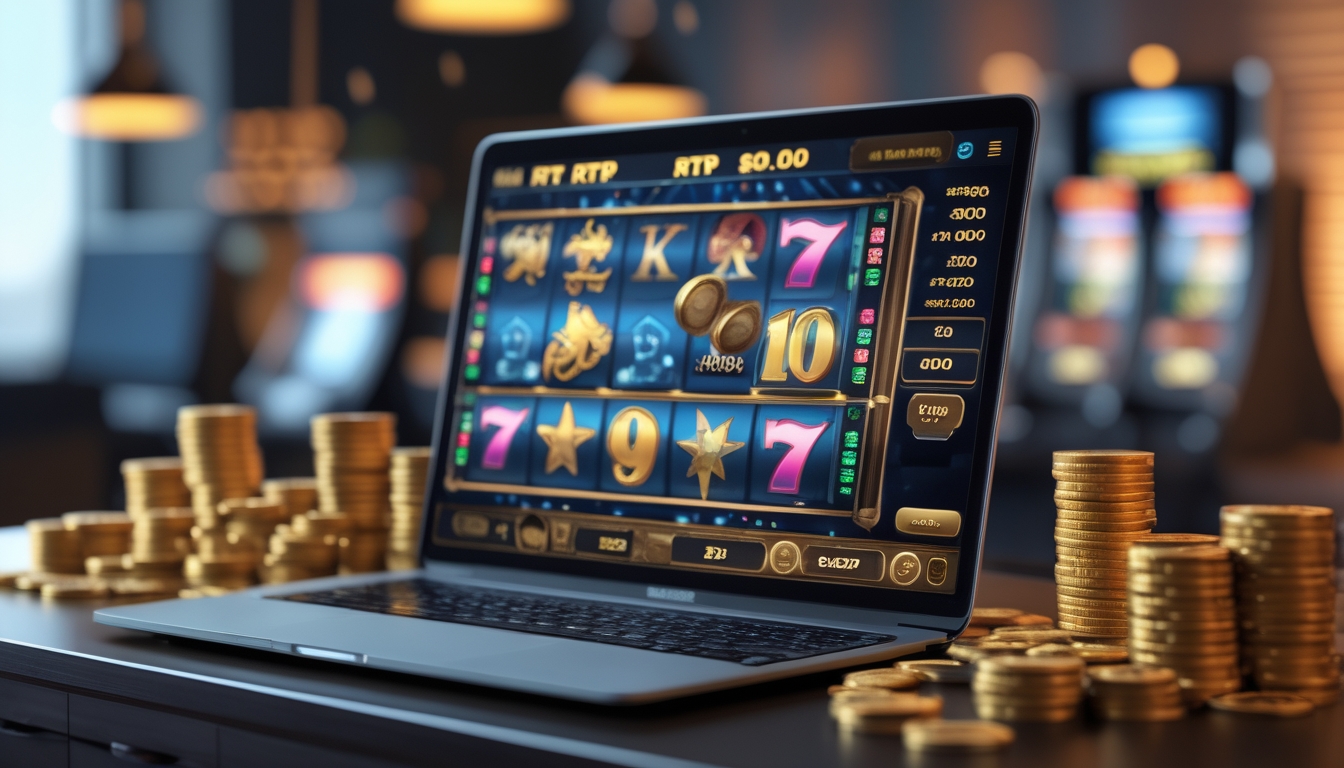 Sebuah meja dengan komputer menampilkan permainan slot online dengan koin emas dan tumpukan chip di sekitarnya.