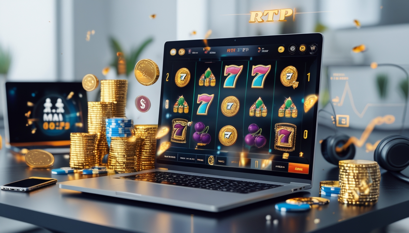 Seorang pemain slot online sedang menggunakan komputer dengan tampilan mesin slot berwarna cerah dan simbol kemenangan, dikelilingi oleh tumpukan chip kasino dan koin emas.
