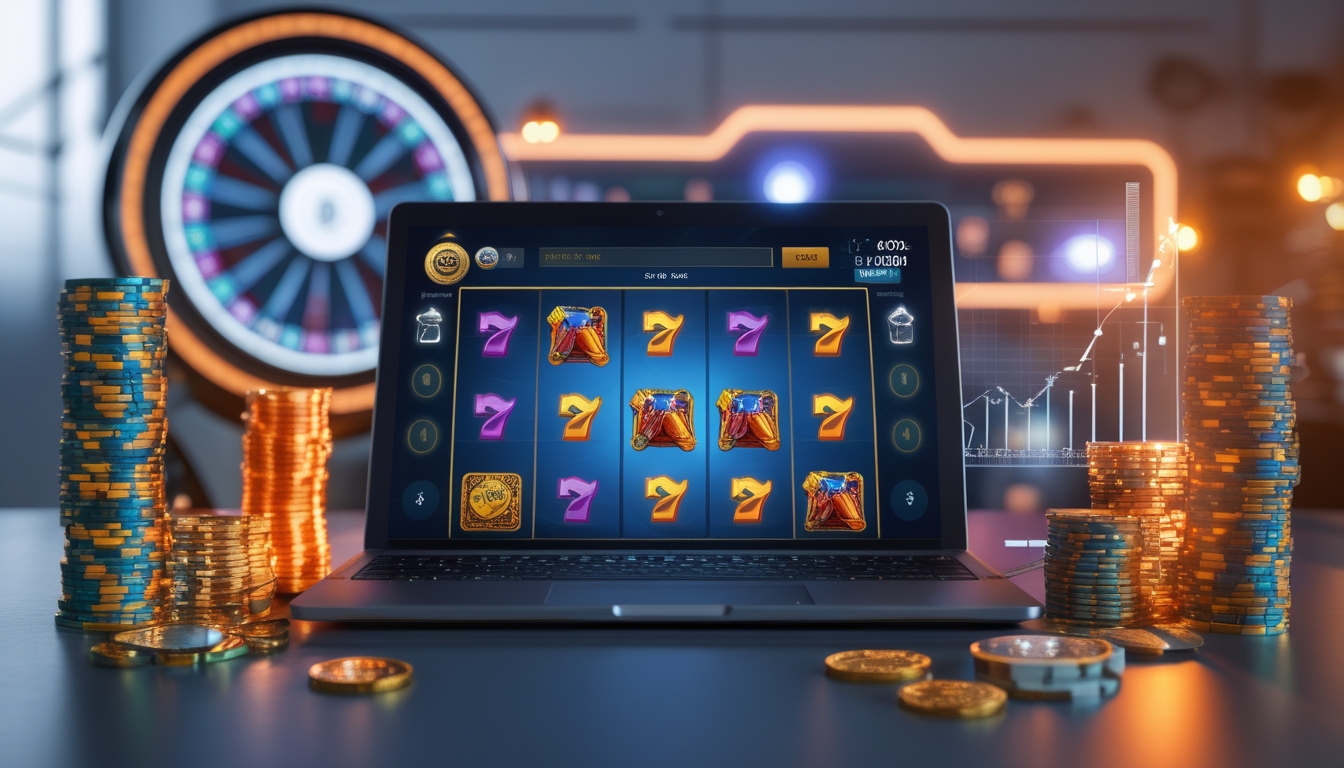 Seorang pria duduk di depan laptop dengan tampilan permainan slot online, dikelilingi oleh koin dan chip kasino yang bersinar.