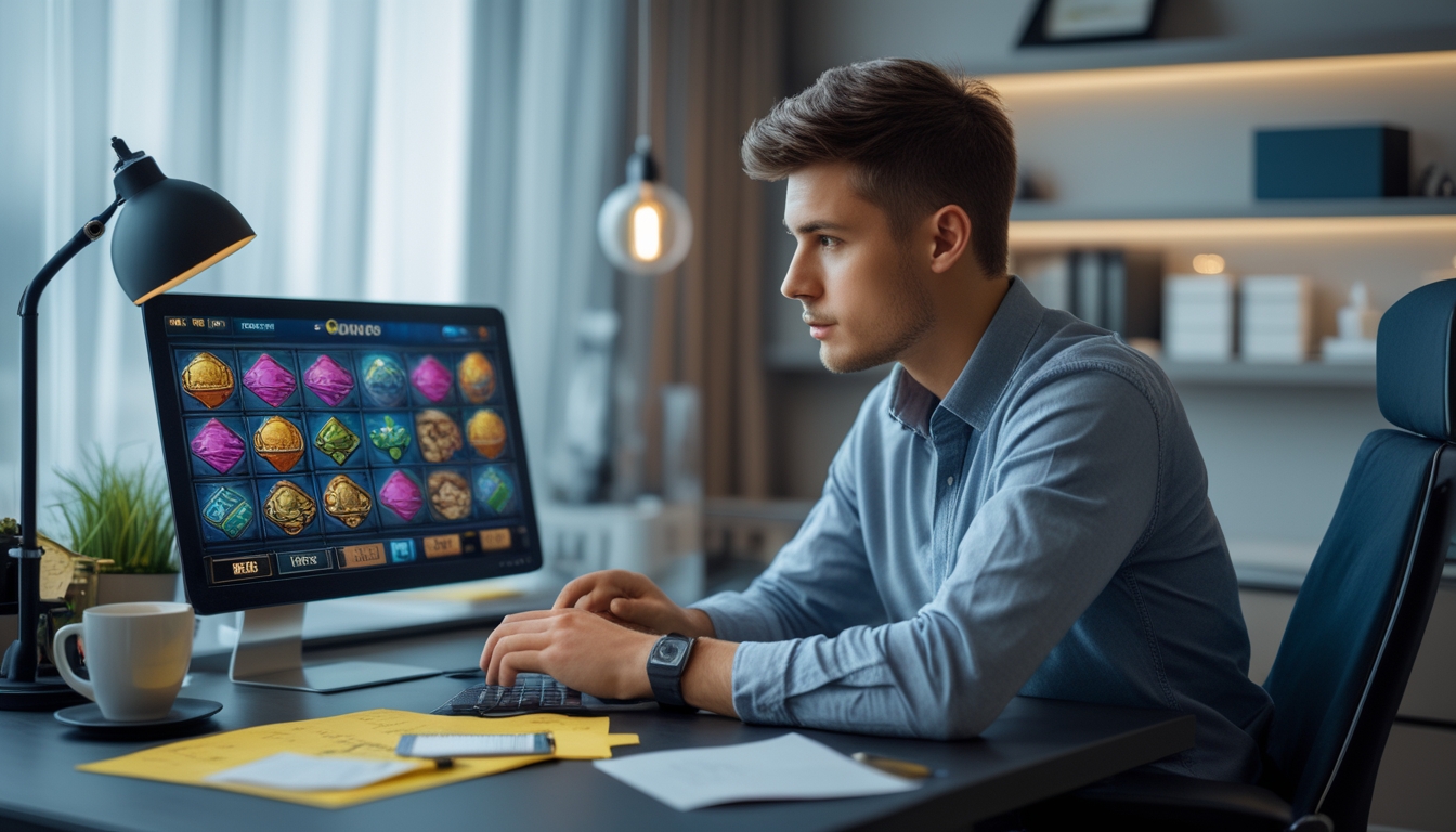 Seorang pria muda duduk di depan laptop di ruang kerja rumah yang terang, fokus pada layar dengan grafik permainan slot online.