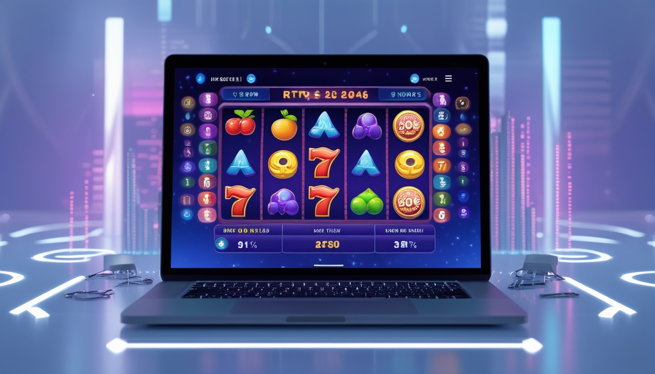 Sebuah meja dengan komputer menampilkan permainan mesin slot online yang berwarna-warni dan elemen digital yang menunjukkan tingkat pengembalian tinggi.