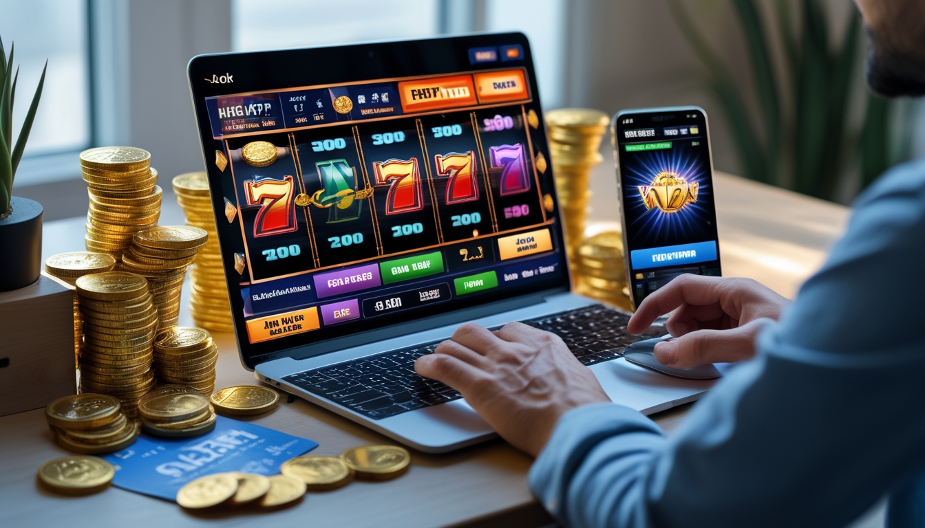 Meja kerja modern dengan laptop menampilkan permainan slot online berwarna cerah, tumpukan chip kasino dan koin emas di sekitar, tangan seseorang sedang bermain game slot online.
