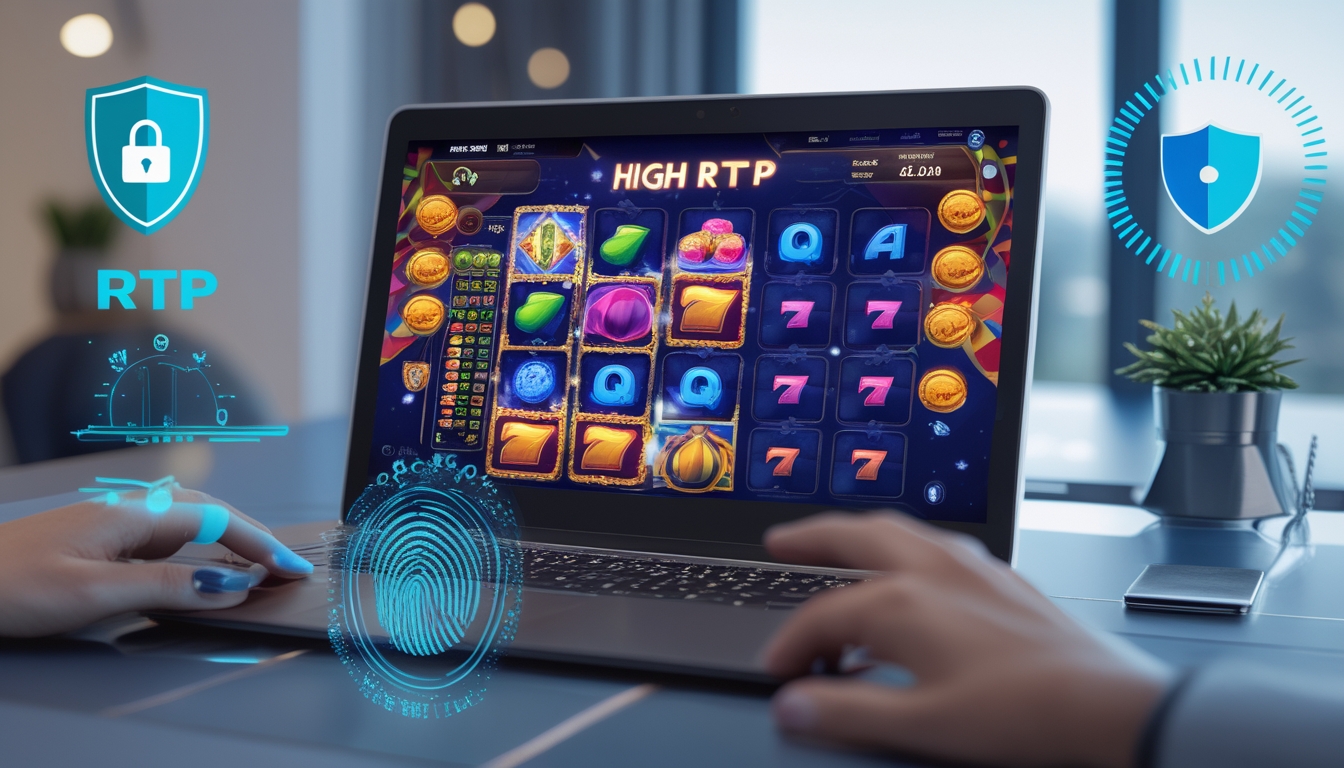 Seorang pengguna sedang bermain permainan slot online di komputer dengan simbol keamanan dan fitur unggulan yang terlihat di layar.
