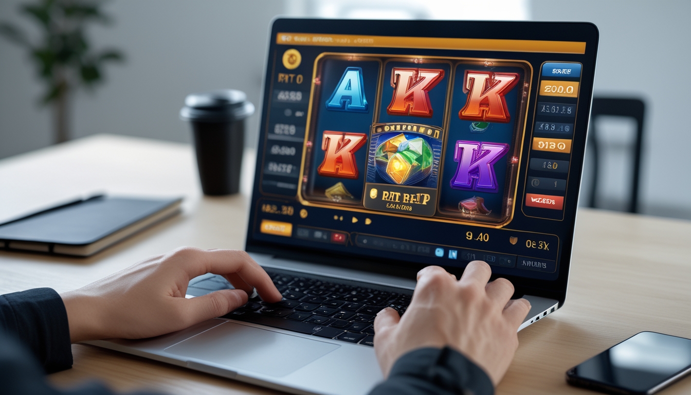 Seseorang sedang bermain permainan slot online di komputer dengan tampilan layar yang berwarna-warni di ruang kerja yang rapi.