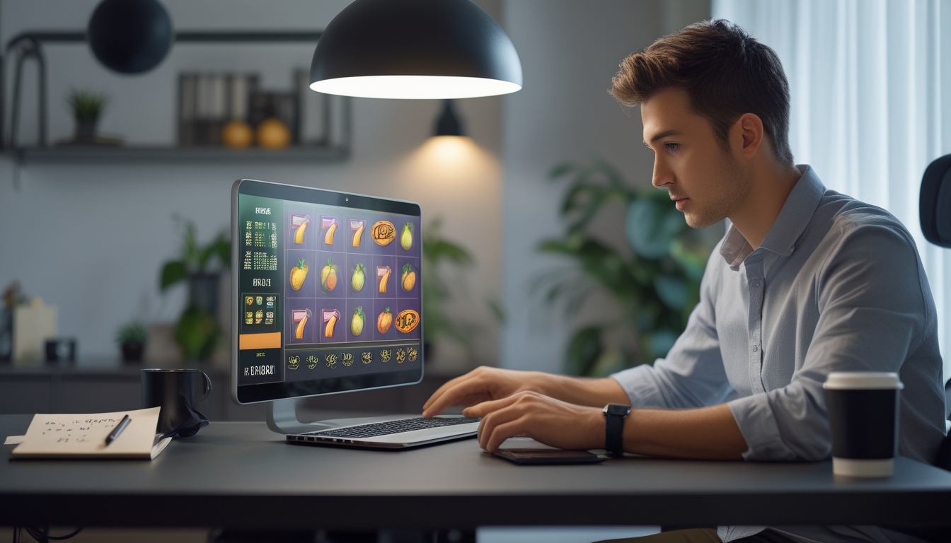 Seorang pria muda duduk di meja dengan laptop, bermain permainan slot online dengan suasana ruangan yang nyaman dan terang.