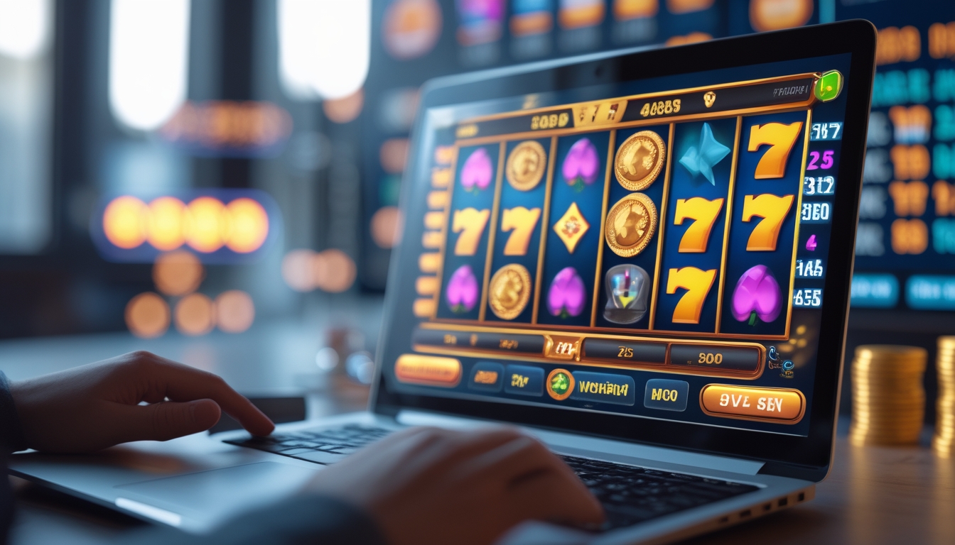Orang menggunakan komputer dengan permainan slot online yang menampilkan simbol-simbol mesin slot berwarna cerah dan suasana yang menunjukkan peluang jackpot besar.