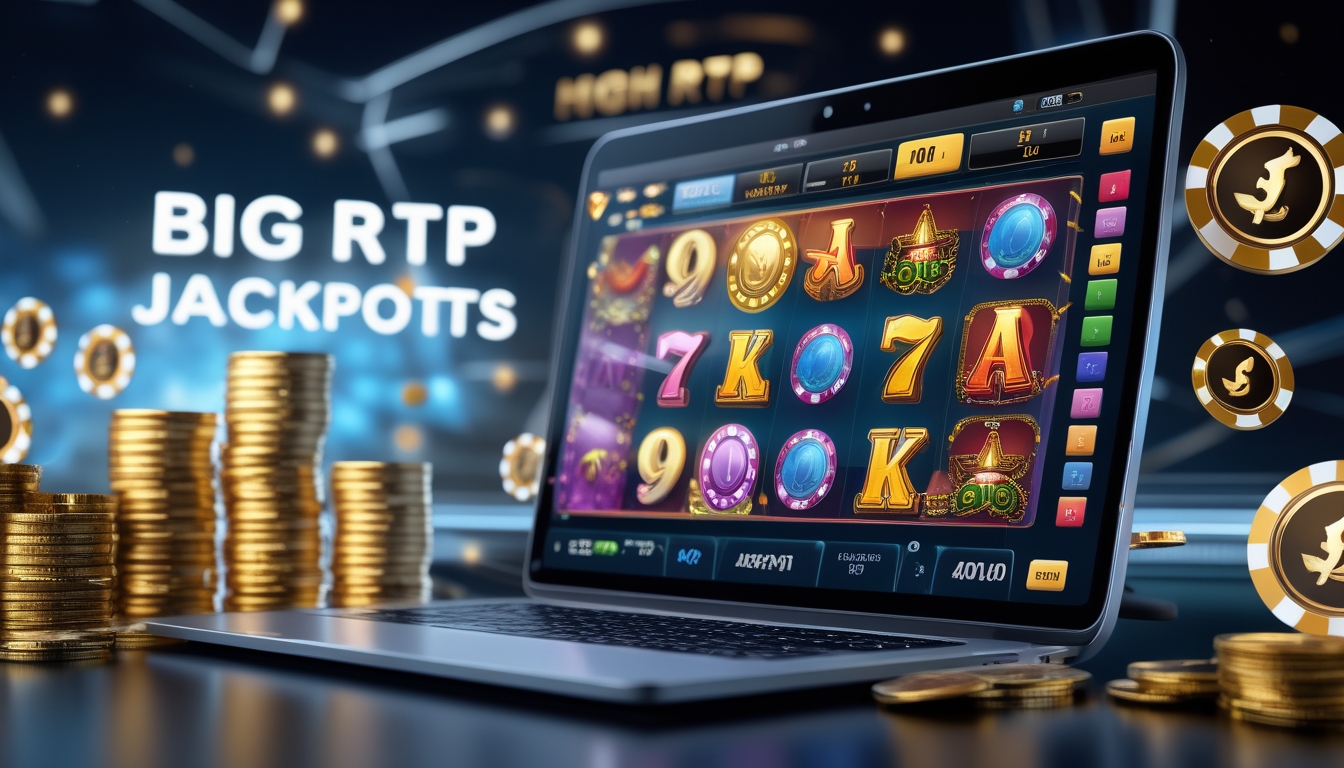 Layar komputer menampilkan permainan slot online dengan tumpukan koin emas dan chip kasino di sekitarnya, menggambarkan peluang jackpot besar setiap hari.