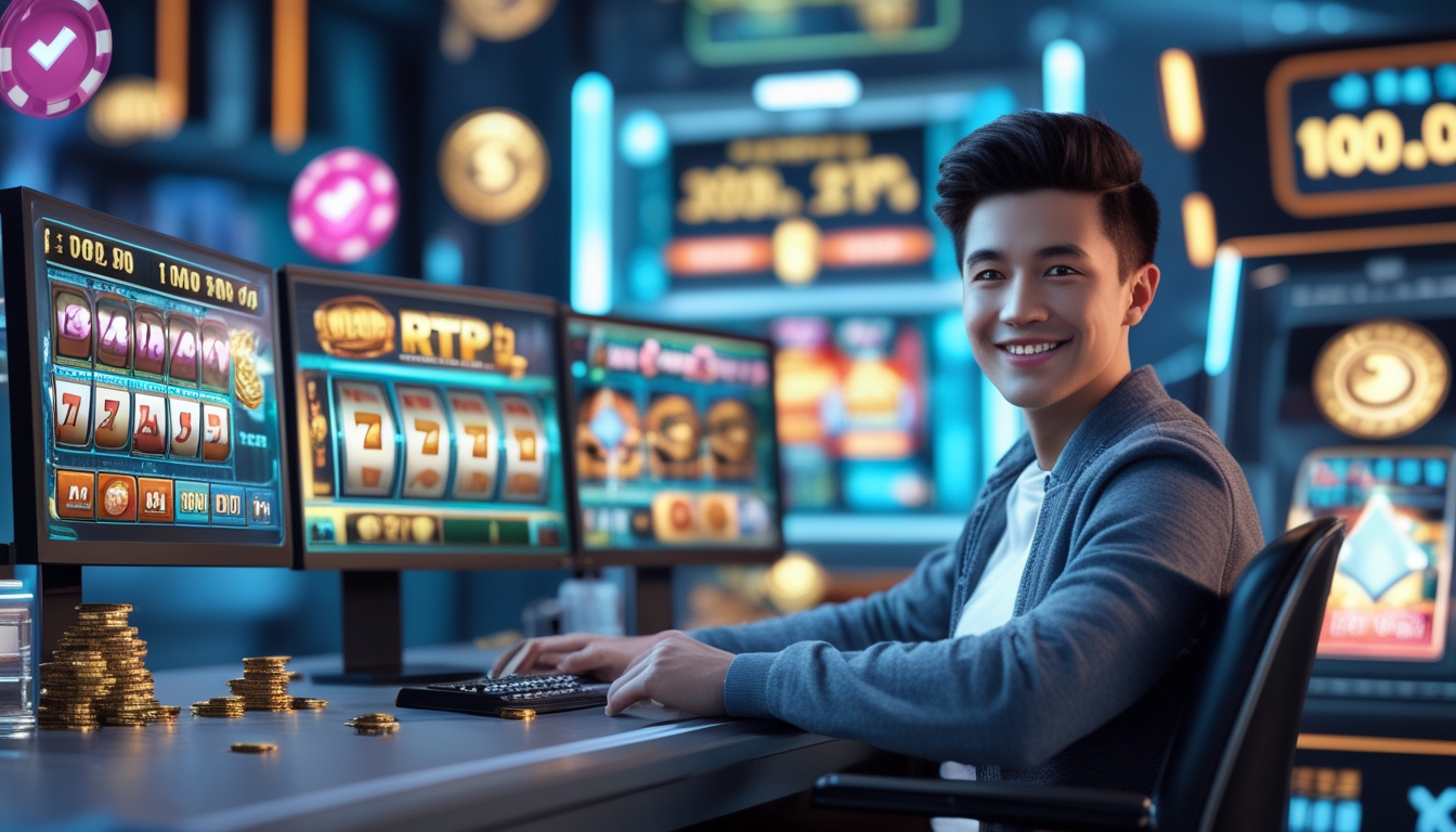 Seorang dewasa muda duduk di depan komputer dengan layar menampilkan permainan slot online dan grafik keuntungan tinggi.