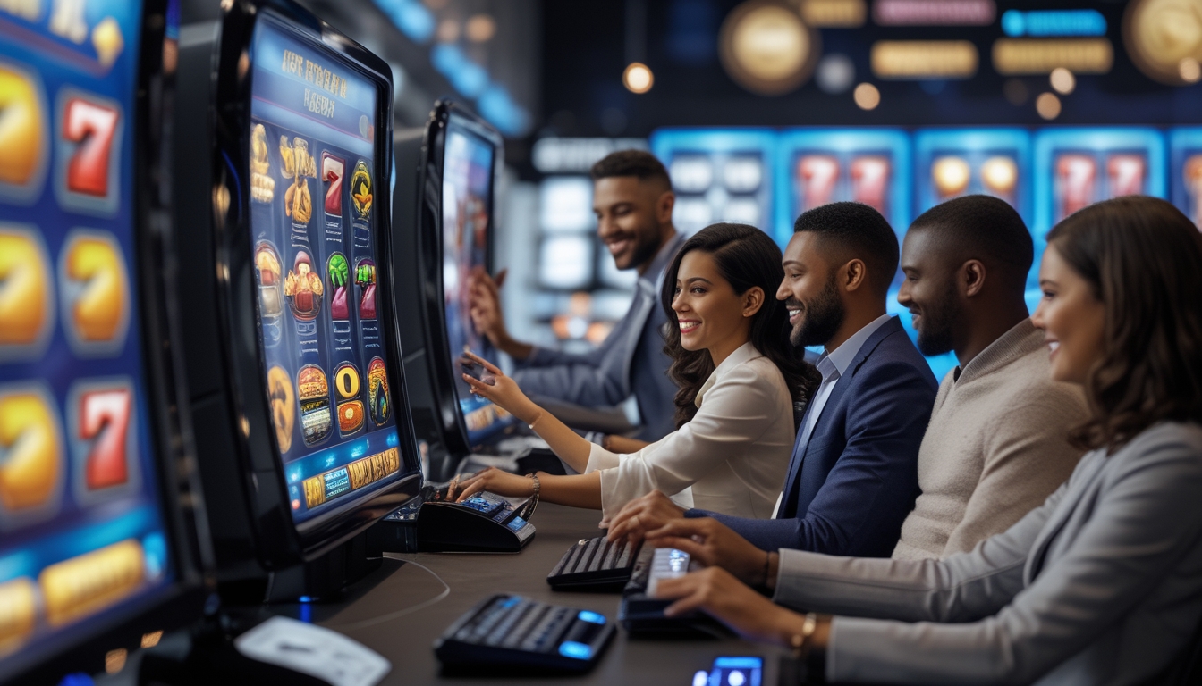 Sekelompok orang dewasa sedang bermain dan berdiskusi di depan layar komputer yang menampilkan permainan slot online dengan simbol warna-warni dan suasana yang ceria.