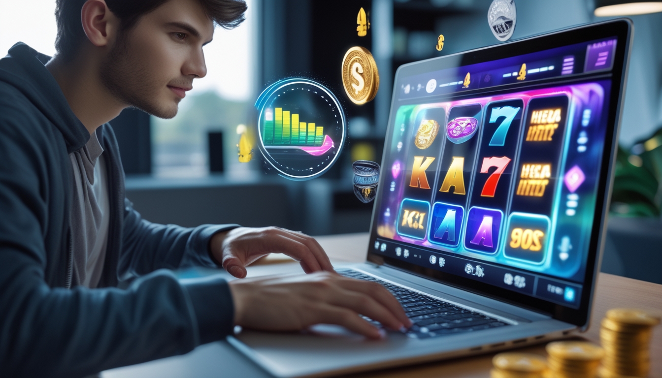 Seorang pemain muda menggunakan laptop dengan tampilan permainan slot online yang berwarna-warni di ruang santai modern.