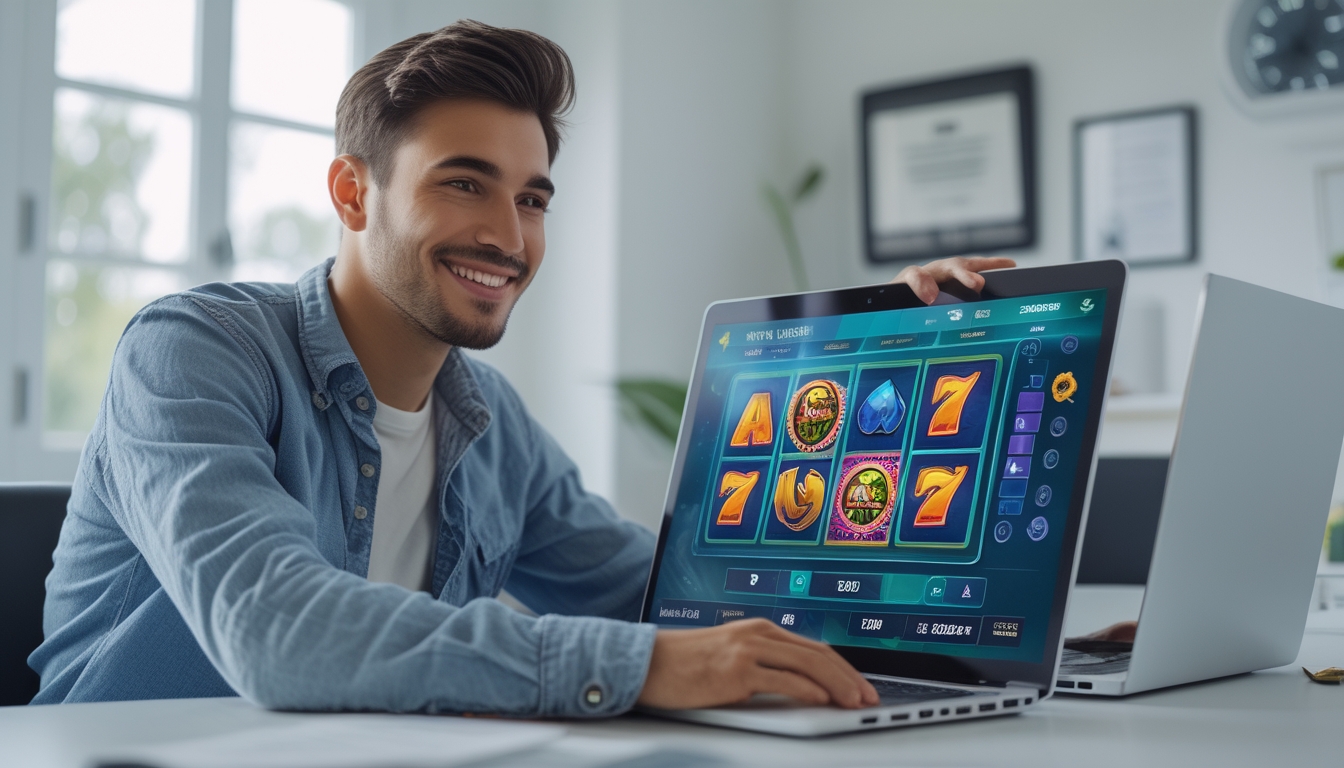 Seorang pria muda duduk di meja dengan laptop yang menampilkan permainan slot online, terlihat senang dan percaya diri di ruang kerja yang terang dan rapi.