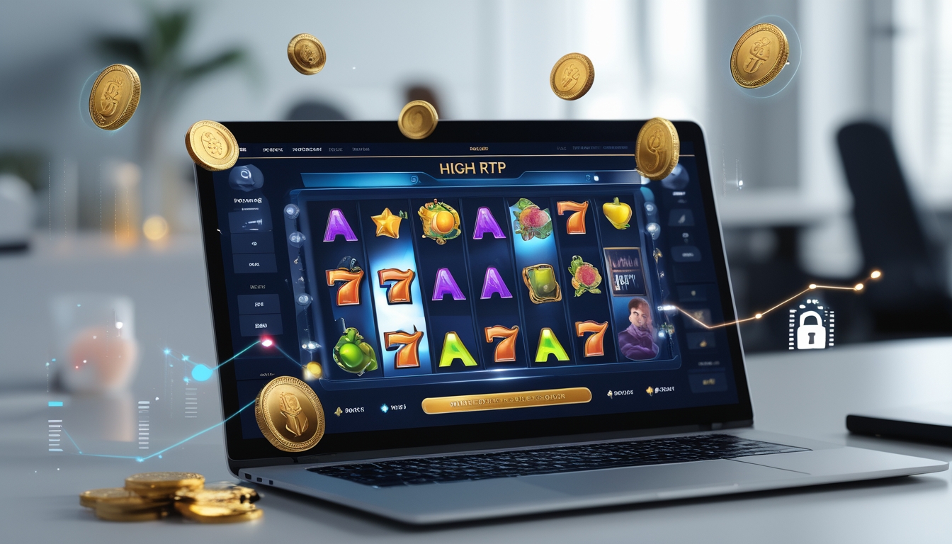 Seorang pengguna sedang bermain slot online di komputer dengan grafik permainan yang berwarna-warni dan ikon keamanan serta koin digital di sekitarnya.