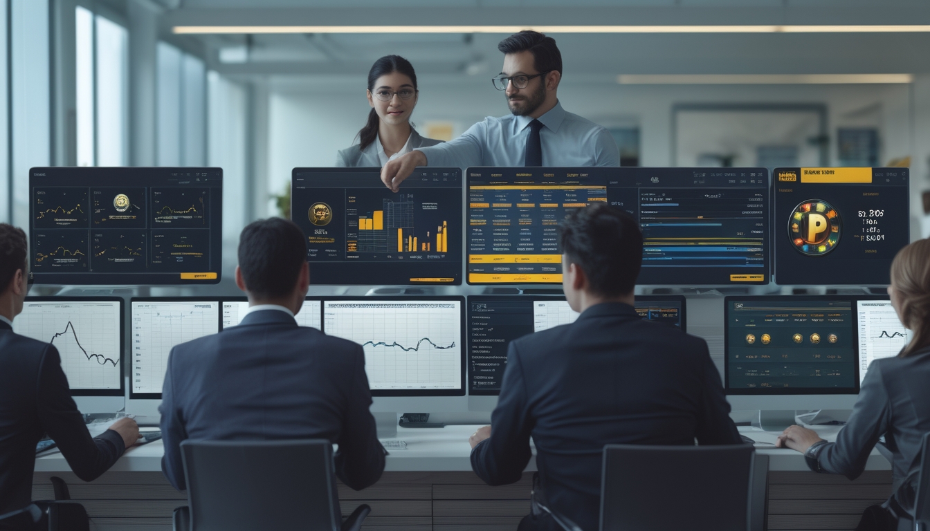 Sekelompok profesional sedang menganalisis data permainan slot online dengan grafik dan layar komputer di kantor modern.
