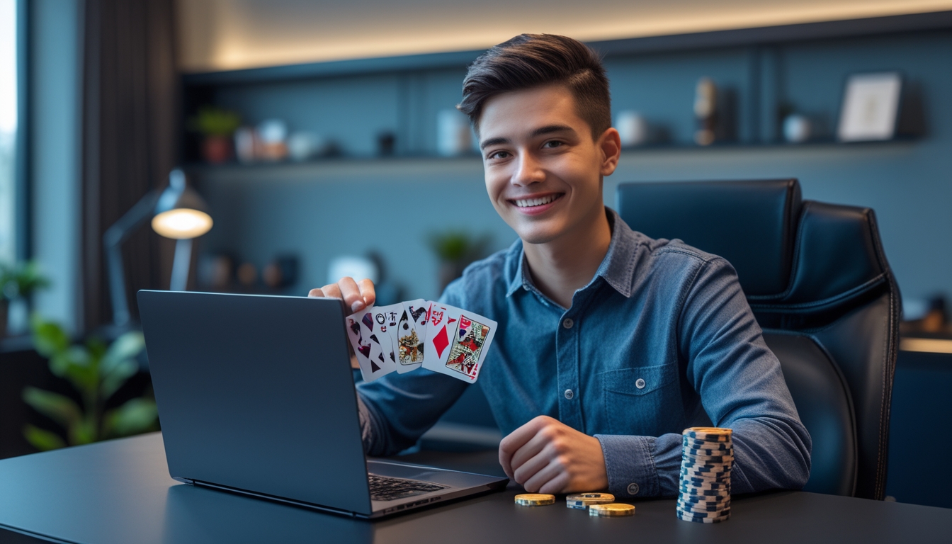 Seorang dewasa muda duduk di meja dengan laptop terbuka menampilkan permainan poker, tersenyum sambil memegang kartu poker dan tumpukan chip poker di dekatnya.