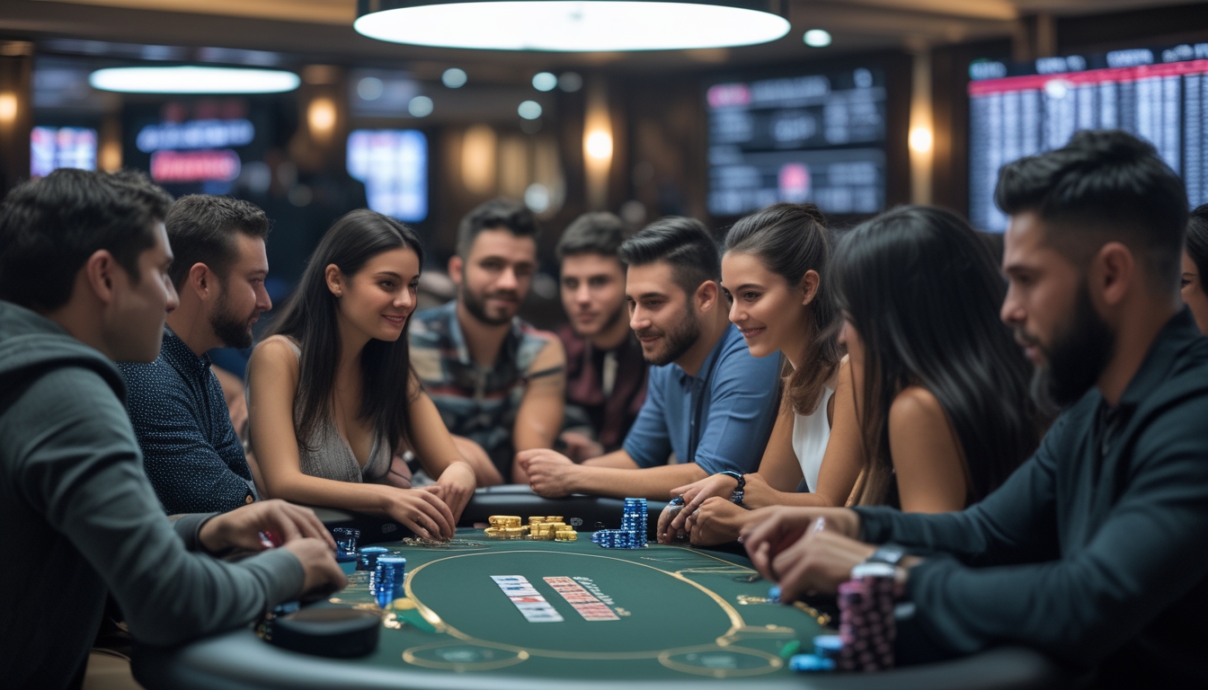 Sekelompok orang berkumpul di meja poker modern, fokus bermain poker dengan chip dan kartu di atas meja dalam suasana ruangan yang terang dan profesional.