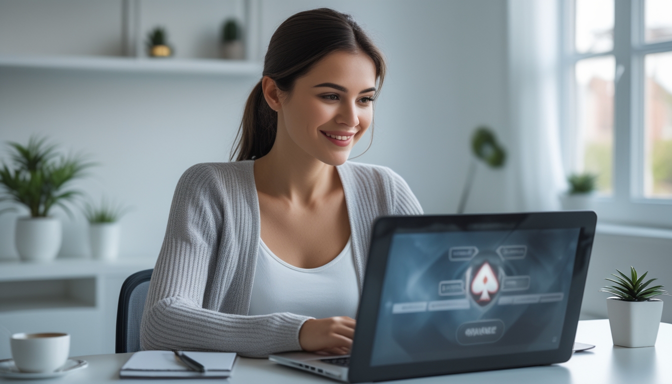 Seorang wanita muda duduk di meja kerja dengan laptop, tersenyum dan fokus, menunjukkan suasana nyaman dan aman untuk bermain poker online.