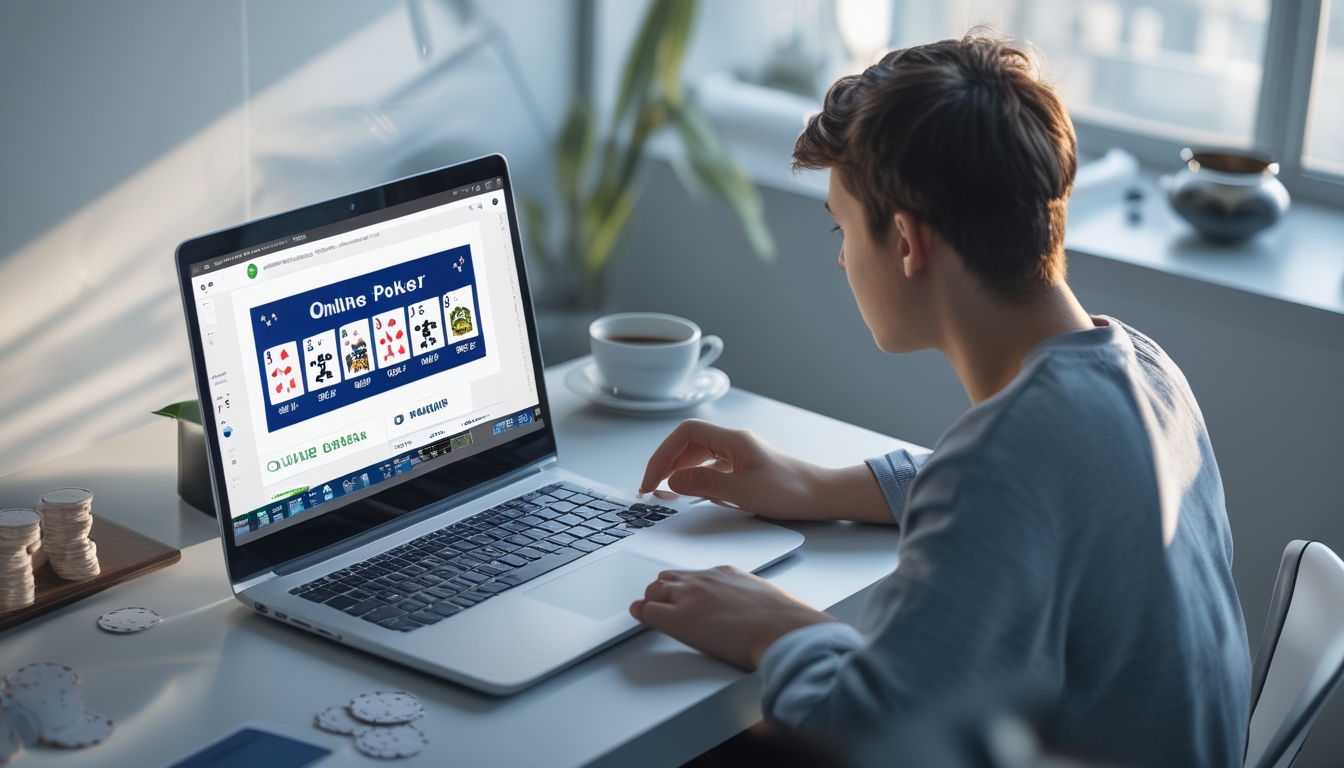 Seorang pemuda duduk di depan laptop dengan tampilan permainan poker online, dikelilingi oleh chip poker dan kartu, di ruang kerja yang rapi dan terang.
