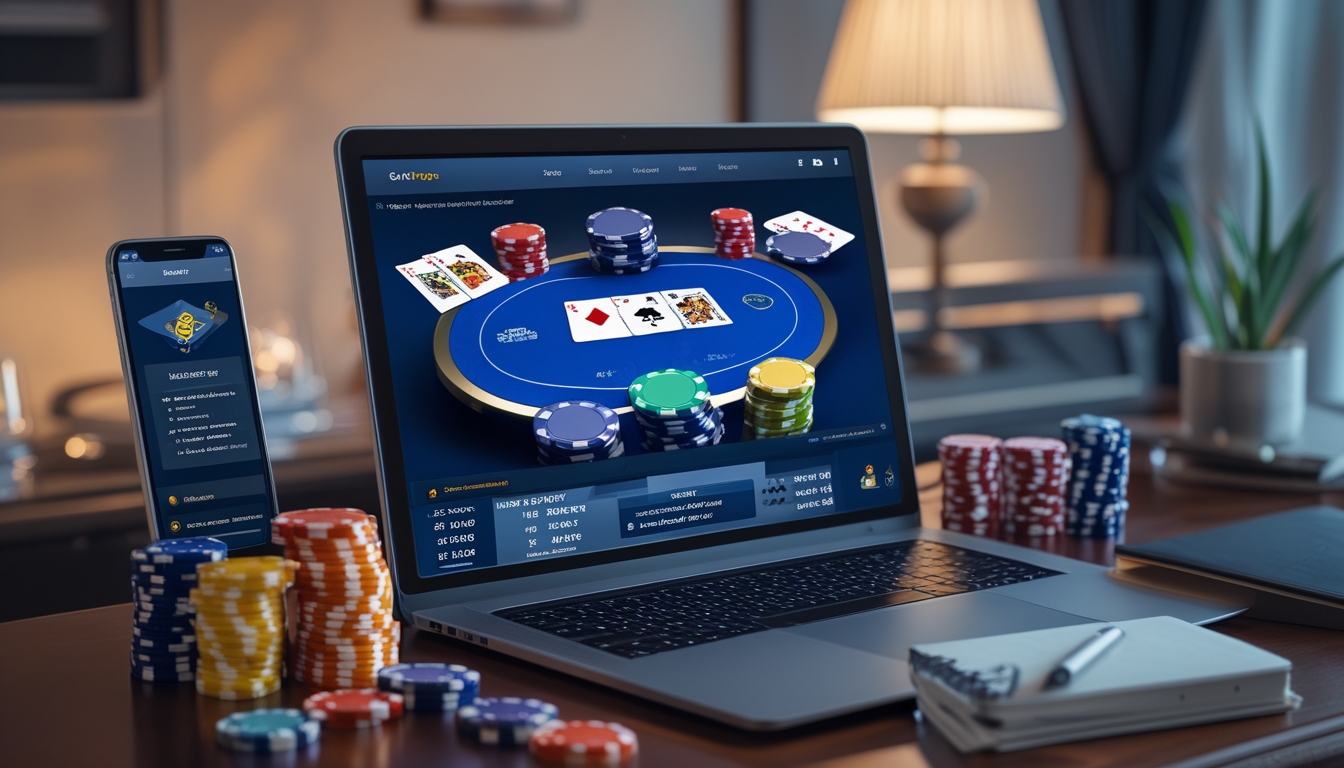 Seorang pemain duduk di depan komputer dengan permainan poker online di layar, dikelilingi oleh chip poker dan alat tulis di meja.