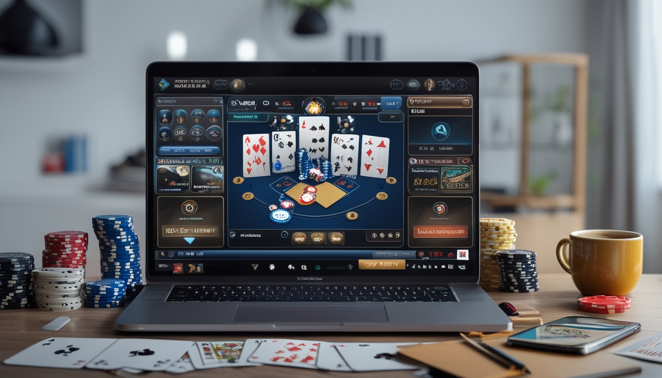Seorang pemain poker online duduk di depan komputer dengan kartu dan chip poker di meja, suasana ruangan terang dan rapi.