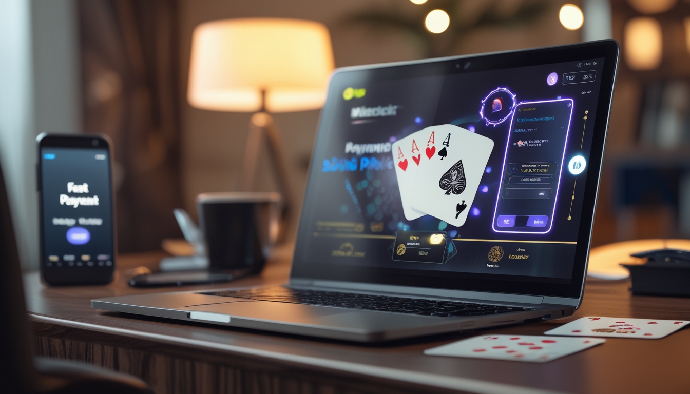 Seorang pria menggunakan laptop dengan tampilan permainan poker online dan smartphone yang menunjukkan notifikasi pembayaran cepat di meja kayu.