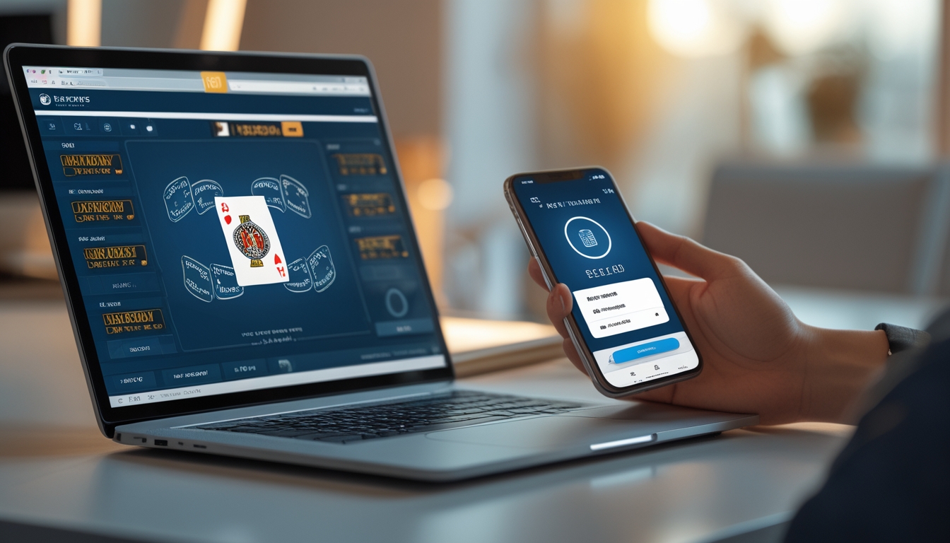 Seorang pengguna sedang bermain poker online di laptop dengan ponsel di samping yang menampilkan konfirmasi pembayaran cepat dalam suasana ruang kerja yang nyaman.