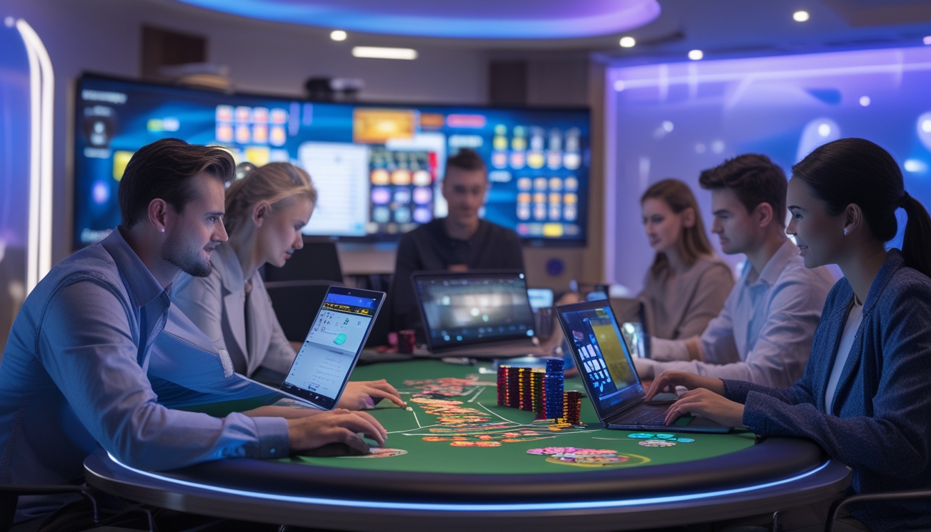 Beberapa orang sedang bermain poker online di ruangan dengan monitor besar dan perangkat digital, menunjukkan suasana serius dan fokus.
