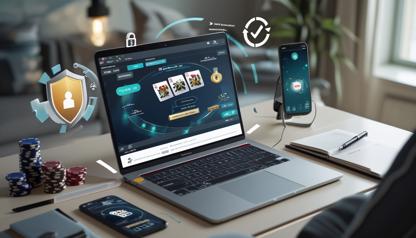 Seorang pemain poker online menggunakan laptop dengan tumpukan chip poker di meja, menunjukkan suasana bermain poker yang serius dan terpercaya.