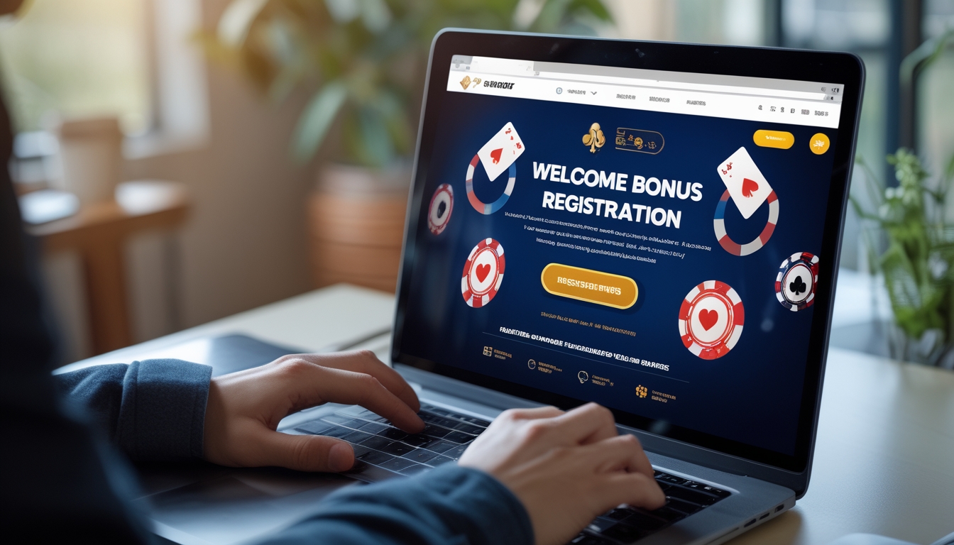 Seseorang menggunakan komputer untuk mendaftar di situs poker online dengan tampilan layar yang menampilkan chip poker dan kartu bermain.