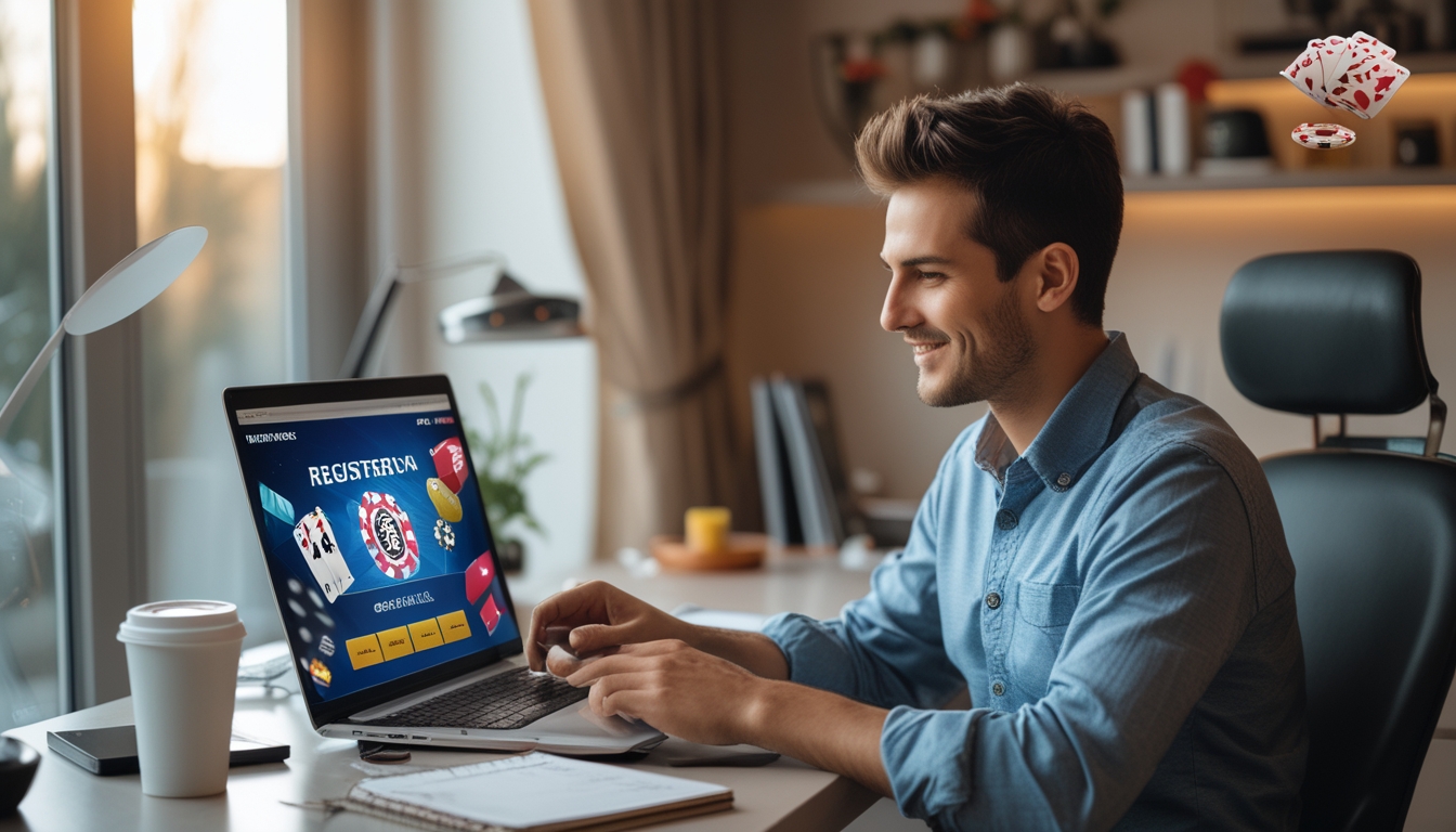 Seorang pria muda duduk di meja dengan laptop, sedang mendaftar akun poker online dengan suasana ruangan yang rapi dan pencahayaan alami.