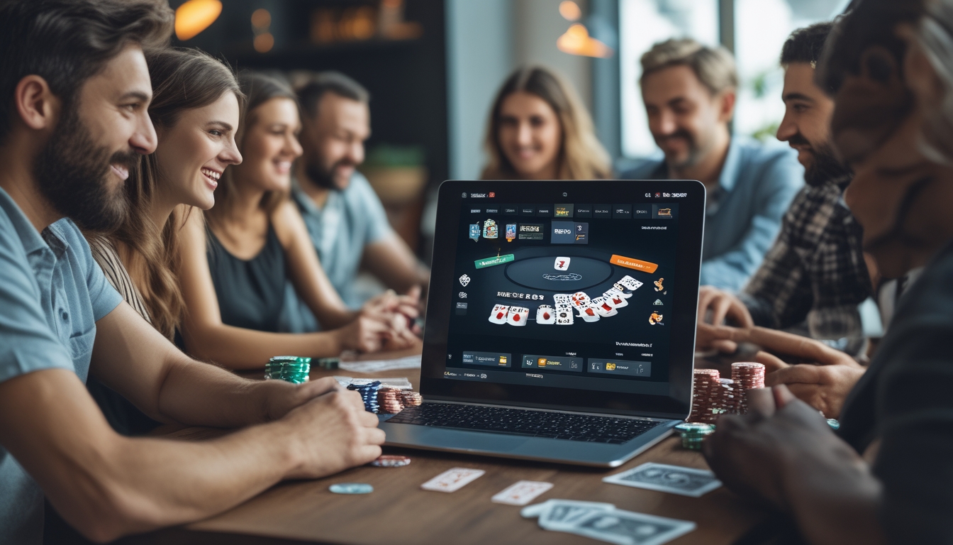 Beberapa orang sedang bermain poker online menggunakan laptop di ruangan yang nyaman dengan suasana hangat dan fokus.