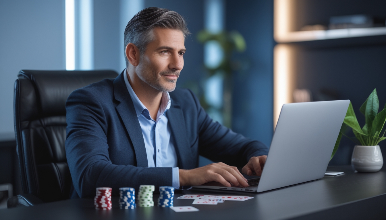 Seorang pria dewasa duduk di meja modern menggunakan laptop dengan tumpukan chip poker dan kartu remi di sekitarnya, di ruangan kantor rumah yang nyaman.