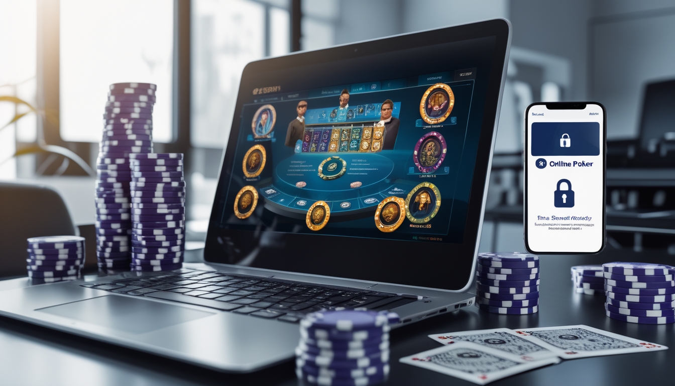 Seseorang menggunakan komputer dengan permainan poker online yang aman dan lengkap di layar, dikelilingi oleh chip poker dan kartu remi.