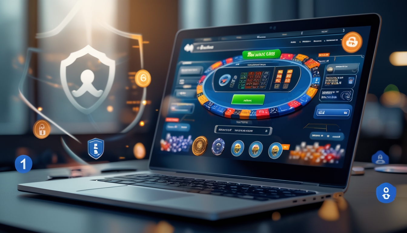 Seorang profesional menggunakan laptop dengan tampilan platform poker online yang aman dan lengkap di layar.