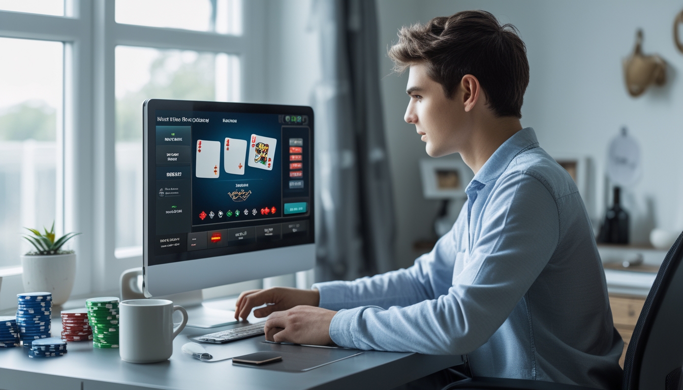 Seorang dewasa muda duduk di meja dengan laptop yang menampilkan permainan poker online, tampak fokus dan serius dalam ruangan kerja yang rapi.