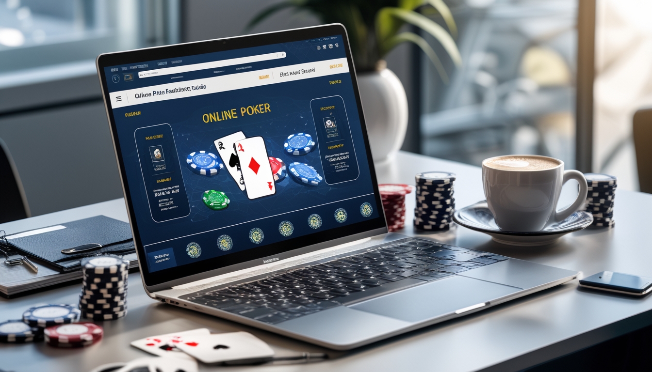 Seorang pemain duduk di depan laptop dengan tampilan permainan poker online, dikelilingi oleh chip poker, kartu, dan ponsel di meja kerja yang rapi.