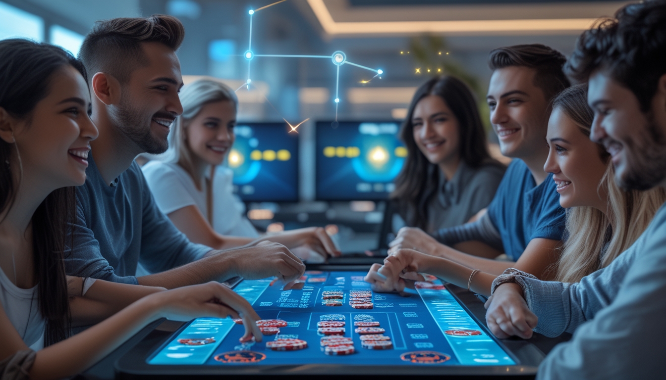 Sekelompok orang muda bermain poker online dengan suasana ceria di sebuah ruangan modern.