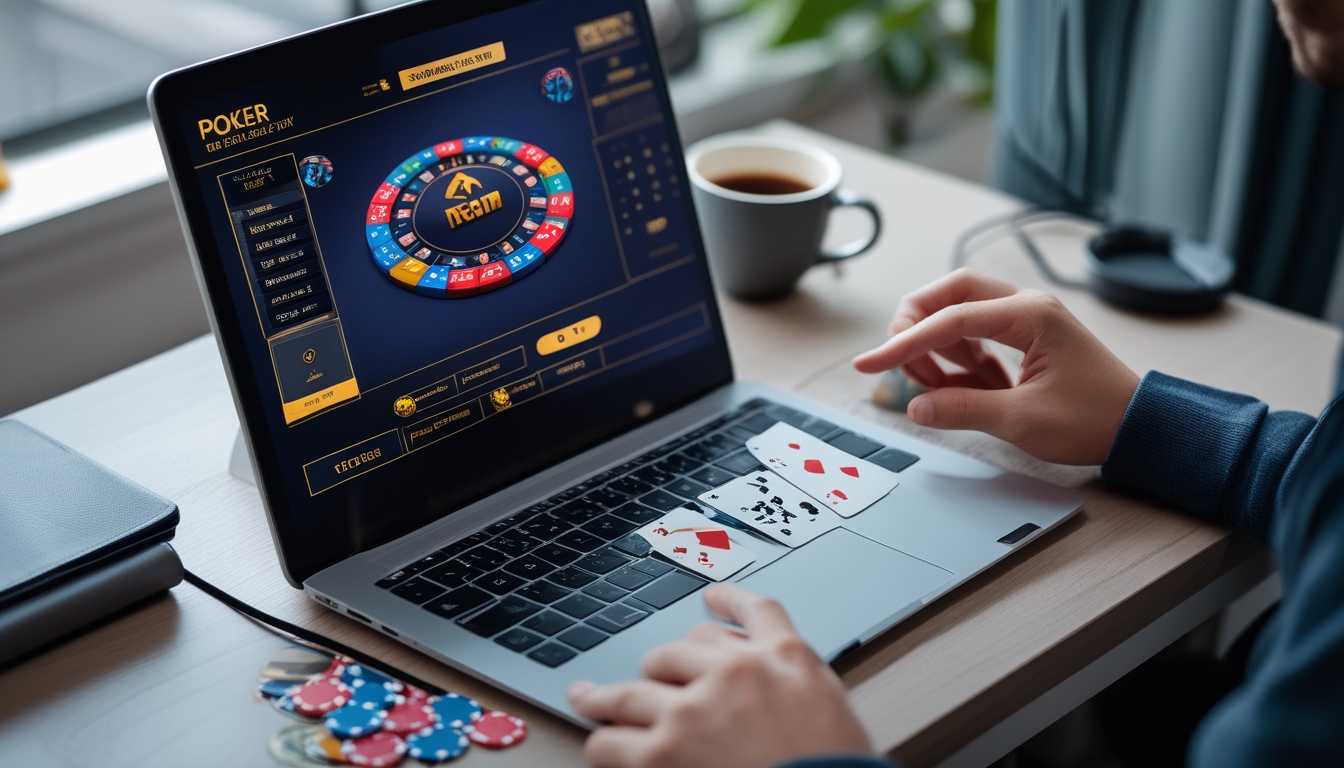 Seseorang bermain poker online di komputer dengan chip poker dan kartu di meja.