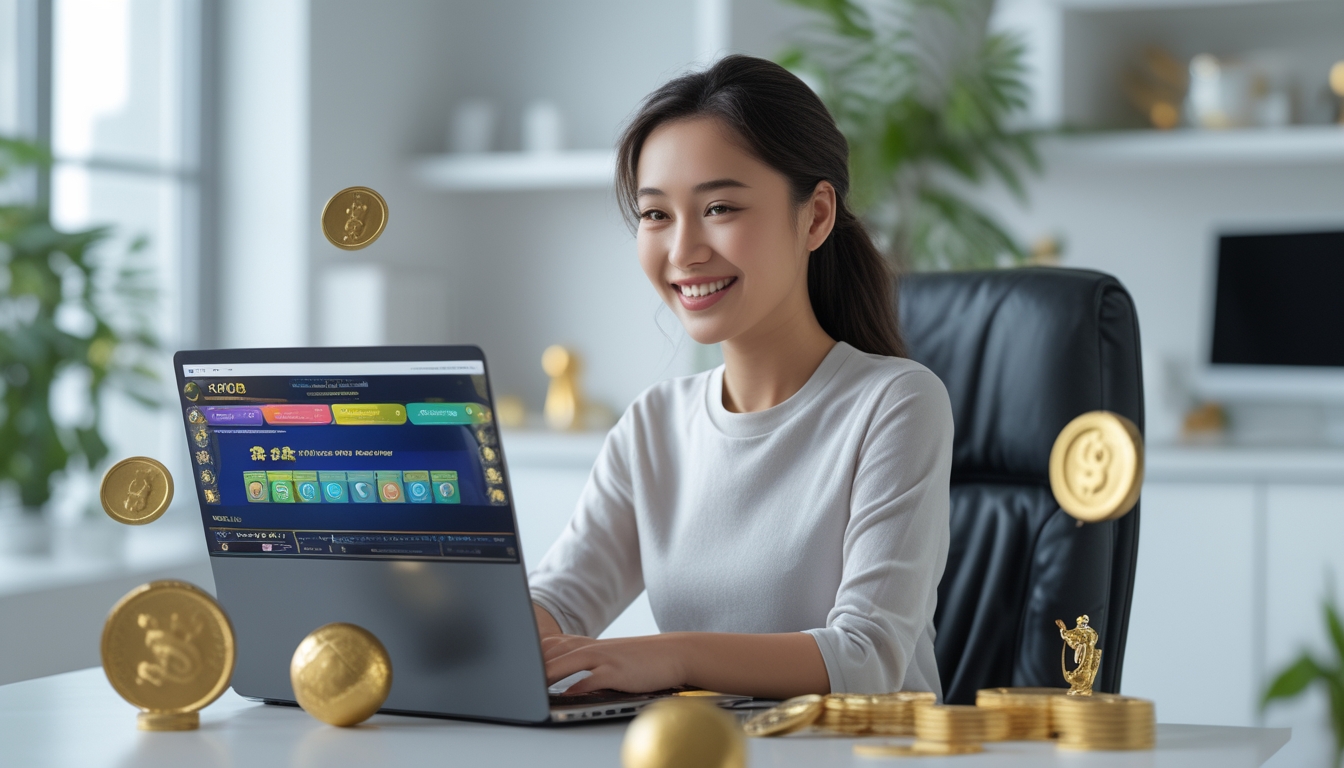 Seorang wanita muda tersenyum duduk di depan laptop dengan tampilan situs togel online, di meja terdapat koin emas, bola togel, dan piala kecil, di ruangan terang dengan tanaman hijau.