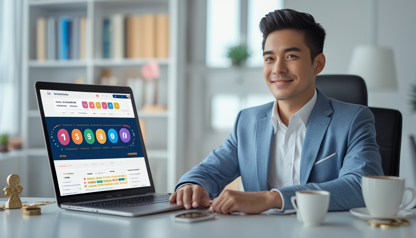 Seseorang duduk di meja dengan laptop terbuka menampilkan situs togel online, tersenyum dengan suasana ruang kerja yang terang dan rapi.