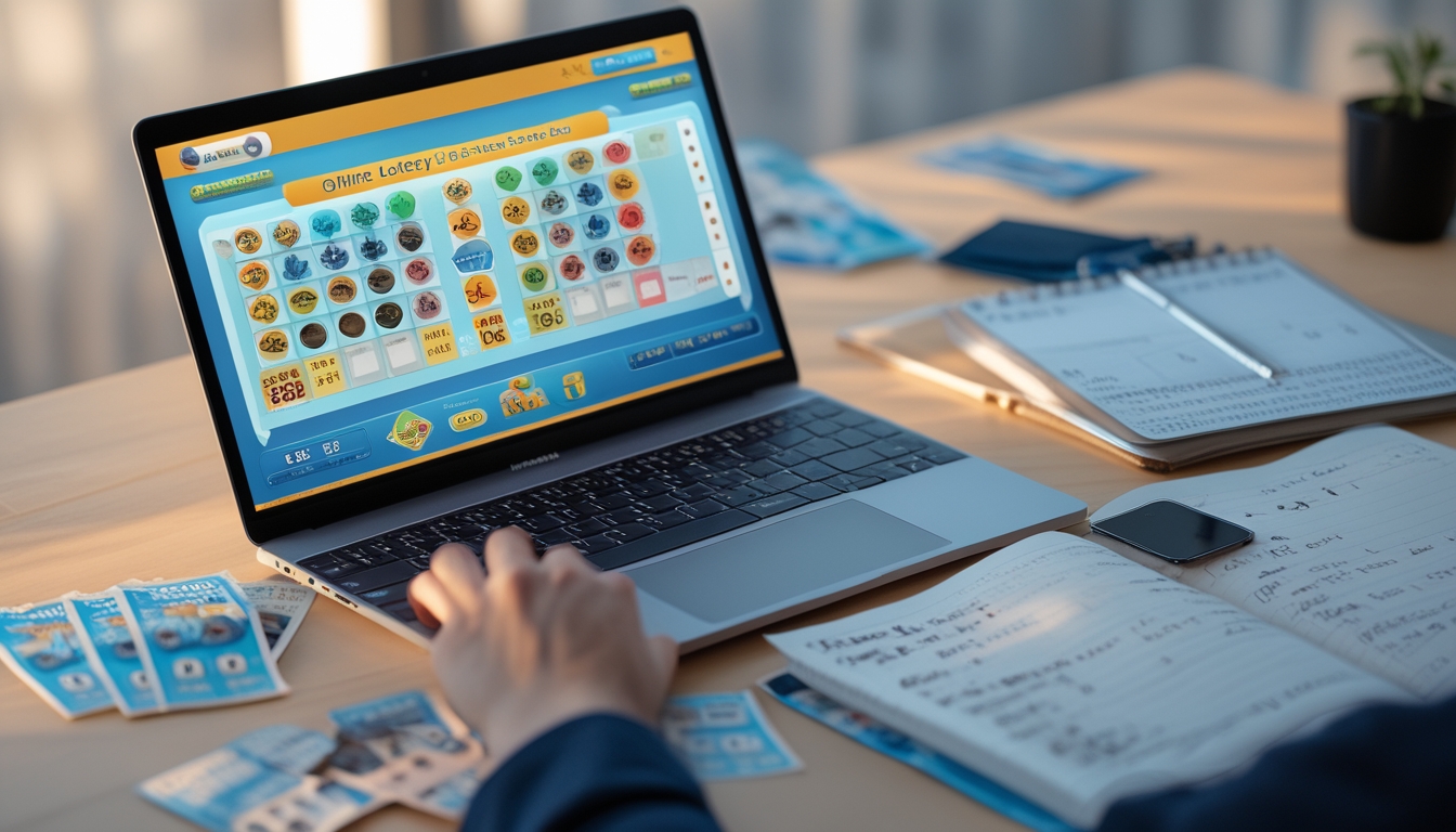 Meja kerja dengan laptop yang menampilkan antarmuka permainan togel online, tiket togel, ponsel dengan aplikasi taruhan, dan buku catatan dengan tulisan tangan.