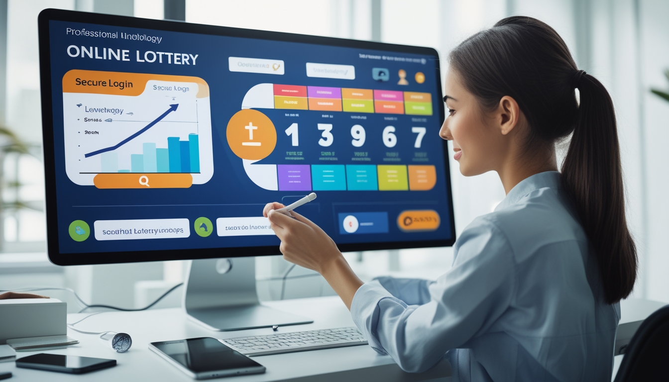 Seorang wanita muda menggunakan komputer dengan tampilan platform togel online di kantor yang terang dan rapi.